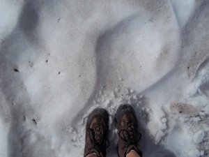 Making footprints in the snow! In AUSGUST! With only hiking boots, shorts, and t-shirt!
